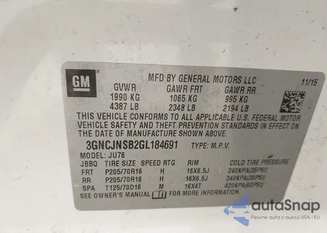 2016 Chevrolet Trax Ls из США, поврежденный, VIN 3GNCJNSB2GL184691